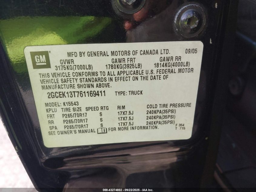 2006 Chevrolet Silverado 1500 Lt1 VIN: 2GCEK13T761169411 Lot: 43274802