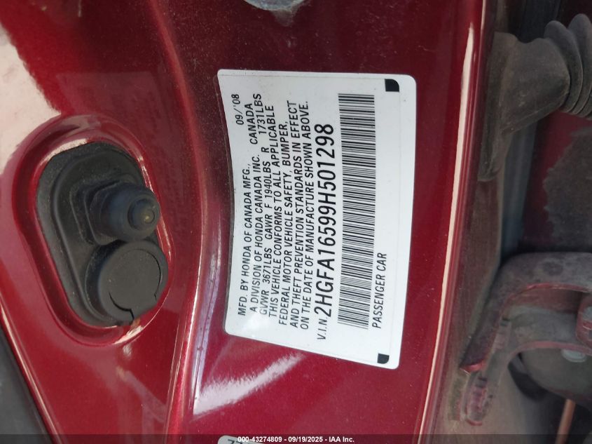2009 Honda Civic Lx VIN: 2HGFA16599H501298 Lot: 43274809