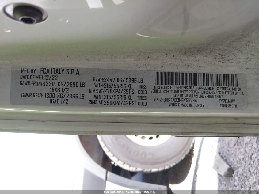 2022 Ram Promaster City Cargo Van VIN: ZFBHRFAB3N6Y55794 Lot: 43274813