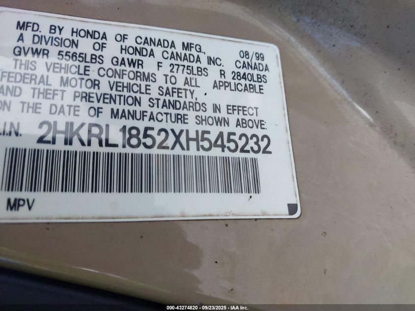 1999 Honda Odyssey Lx VIN: 2HKRL1852XH545232 Lot: 43274820