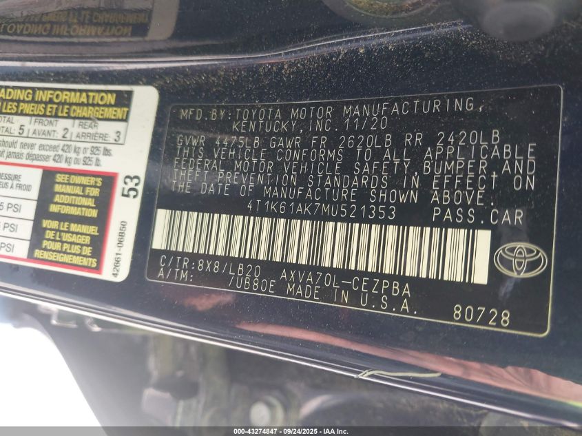 2021 Toyota Camry Xse VIN: 4T1K61AK7MU521353 Lot: 43274847