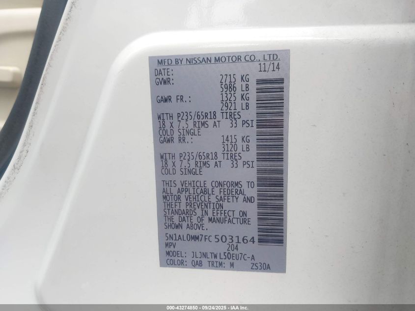 2015 Infiniti Qx60 VIN: 5N1AL0MM7FC503164 Lot: 43274850