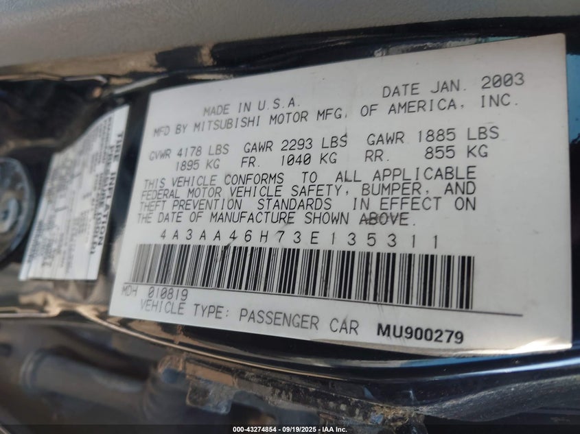 4A3AA46H73E135311 2003 MITSUBISHI GALANT photo no. 9