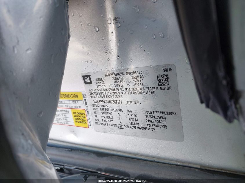 2016 Chevrolet Traverse Ls VIN: 1GNKRFKD1GJ207171 Lot: 43274888