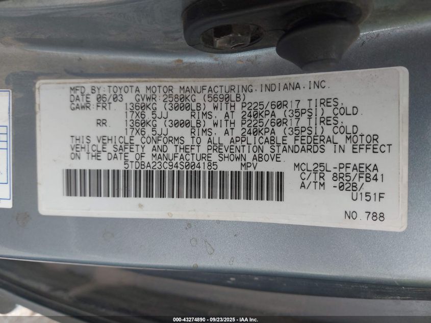 2004 Toyota Sienna Le VIN: 5TDBA23C94S004185 Lot: 43274890