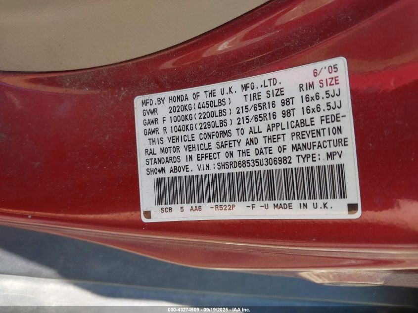 2005 Honda Cr-V Lx VIN: SHSRD68535U306982 Lot: 43274909