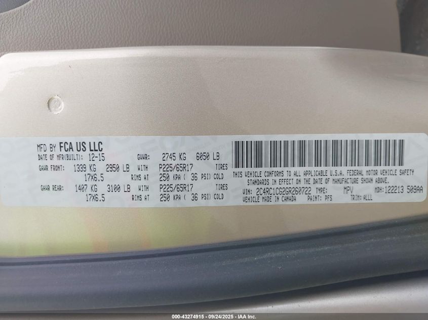 2016 Chrysler Town & Country Touring-L Anniversary Edition VIN: 2C4RC1CG2GR260722 Lot: 43274915