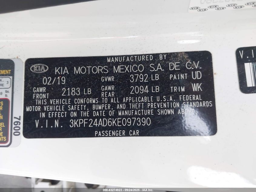 2019 Kia Forte Fe VIN: 3KPF24AD6KE097390 Lot: 43274923