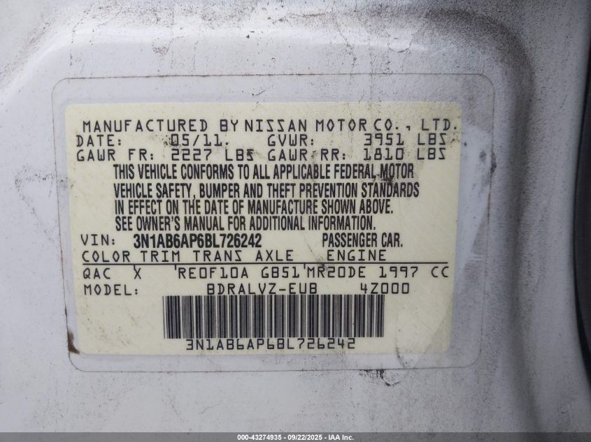 2011 Nissan Sentra 2.0Sl VIN: 3N1AB6AP6BL726242 Lot: 43274935