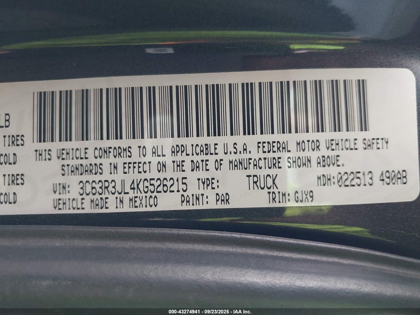 2019 Ram 3500 Laramie 4X4 8' Box VIN: 3C63R3JL4KG526215 Lot: 43274941