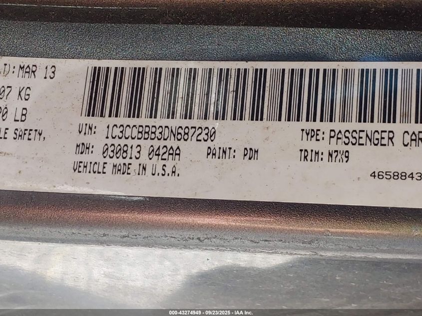 2013 Chrysler 200 Touring VIN: 1C3CCBBB3DN687230 Lot: 43274949