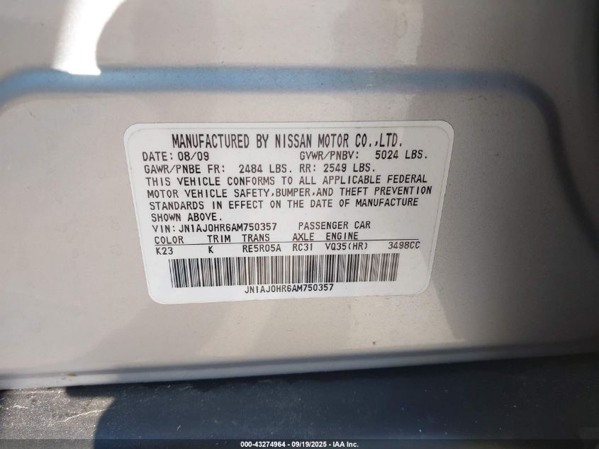 2010 Infiniti Ex35 Journey VIN: JN1AJ0HR6AM750357 Lot: 43274964