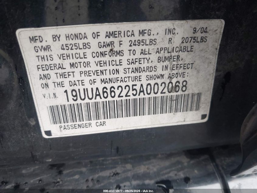 2005 Acura Tl VIN: 19UUA66225A002068 Lot: 43274977