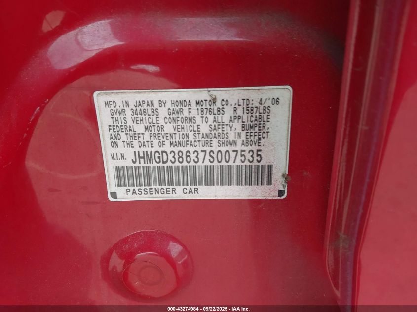 2007 Honda Fit Sport VIN: JHMGD38637S007535 Lot: 43274984