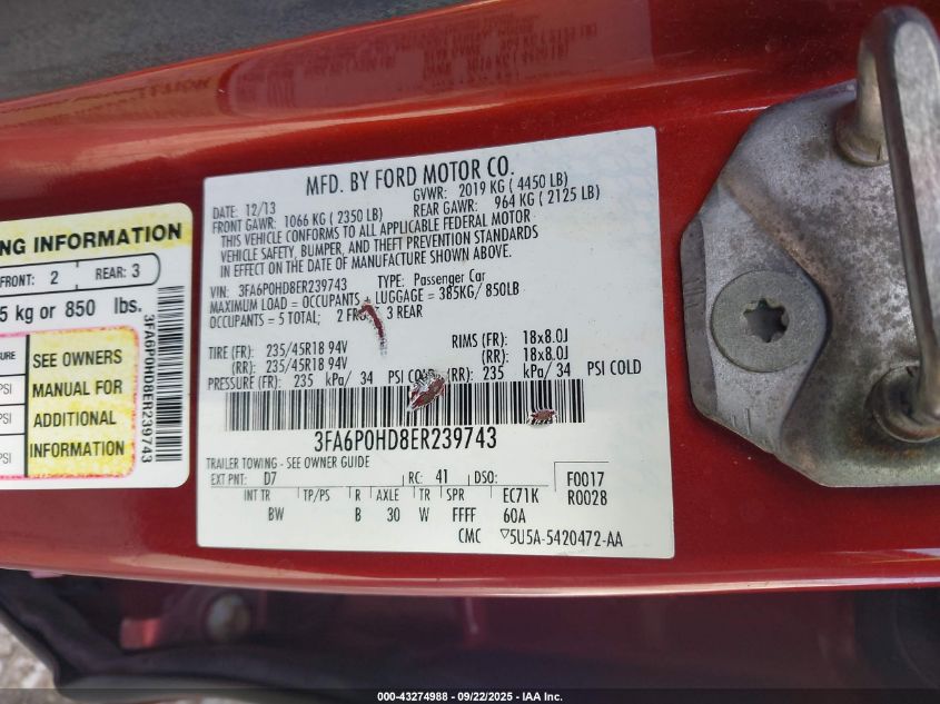 2014 FORD FUSION SE - 3FA6P0HD8ER239743