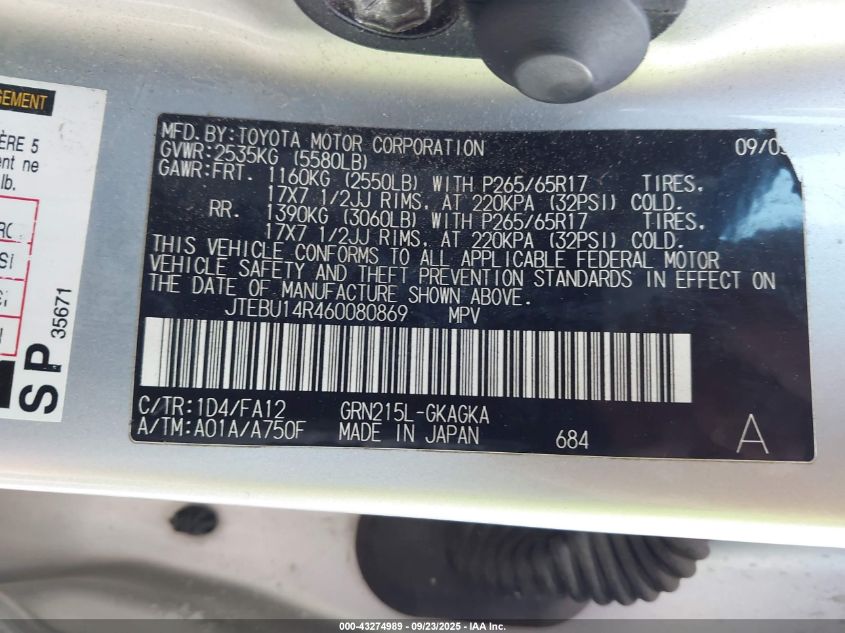 2006 Toyota 4Runner Sr5 V6 VIN: JTEBU14R460080869 Lot: 43274989