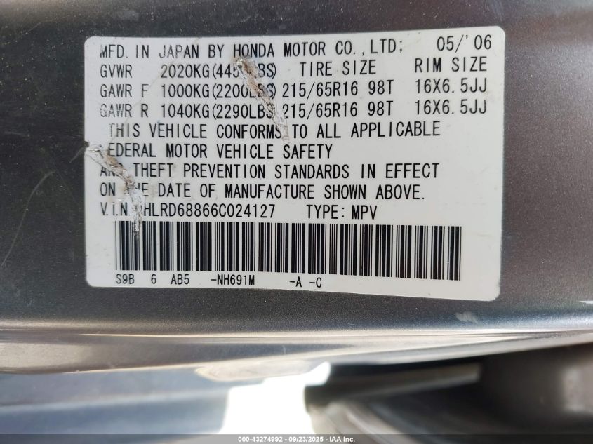 2006 Honda Cr-V Ex VIN: JHLRD68866C024127 Lot: 43274992