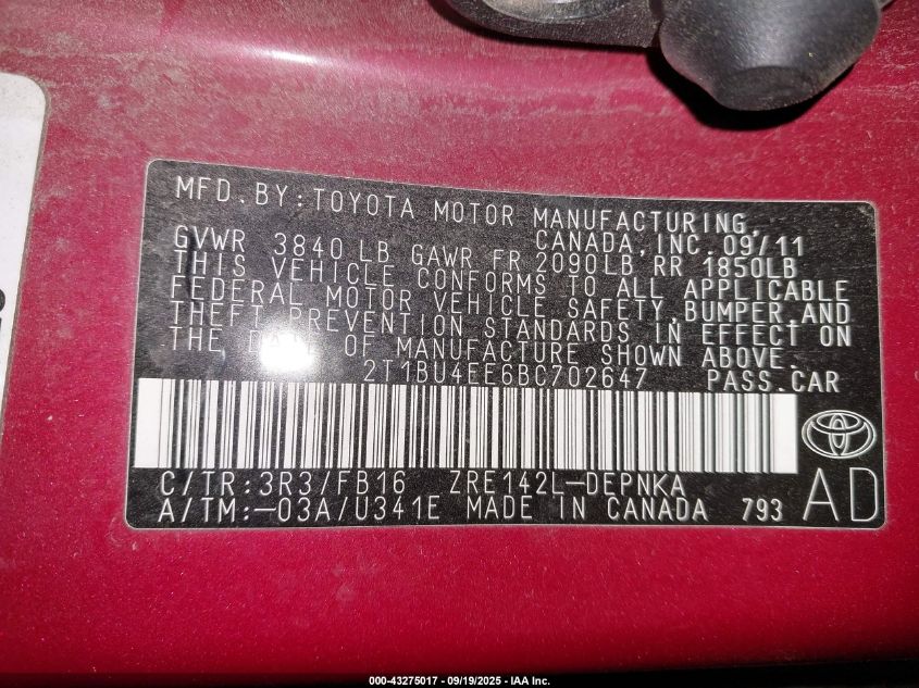 2011 Toyota Corolla Le VIN: 2T1BU4EE6BC702647 Lot: 43275017