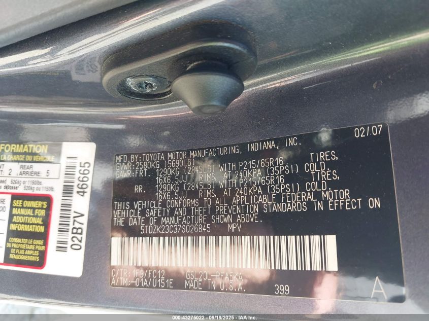 2007 Toyota Sienna Le VIN: 5TDZK23C37S026845 Lot: 43275022