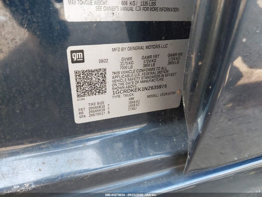 2022 Chevrolet Silverado 1500 4Wd Standard Bed Lt With 2Ft VIN: 1GCRDKEK1NZ635975 Lot: 43275024