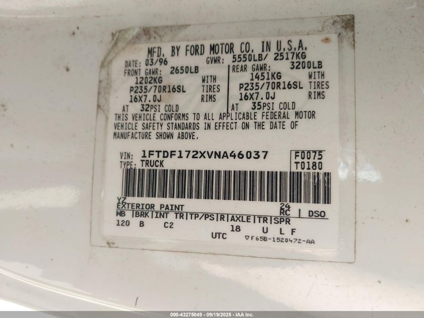 1997 Ford F-150 Standard/Xl/Xlt VIN: 1FTDF172XVNA46037 Lot: 43275049