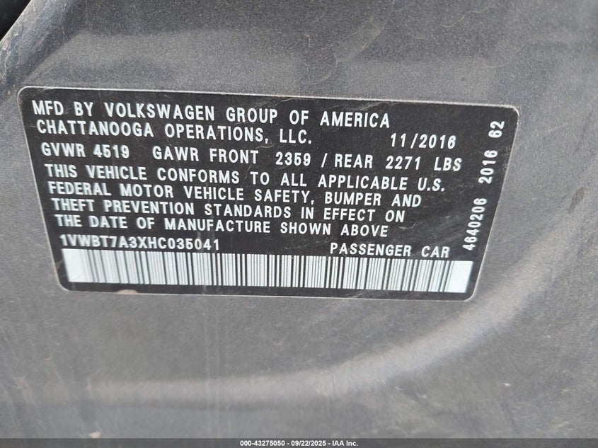 2017 VOLKSWAGEN PASSAT 1.8T SE - 1VWBT7A3XHC035041