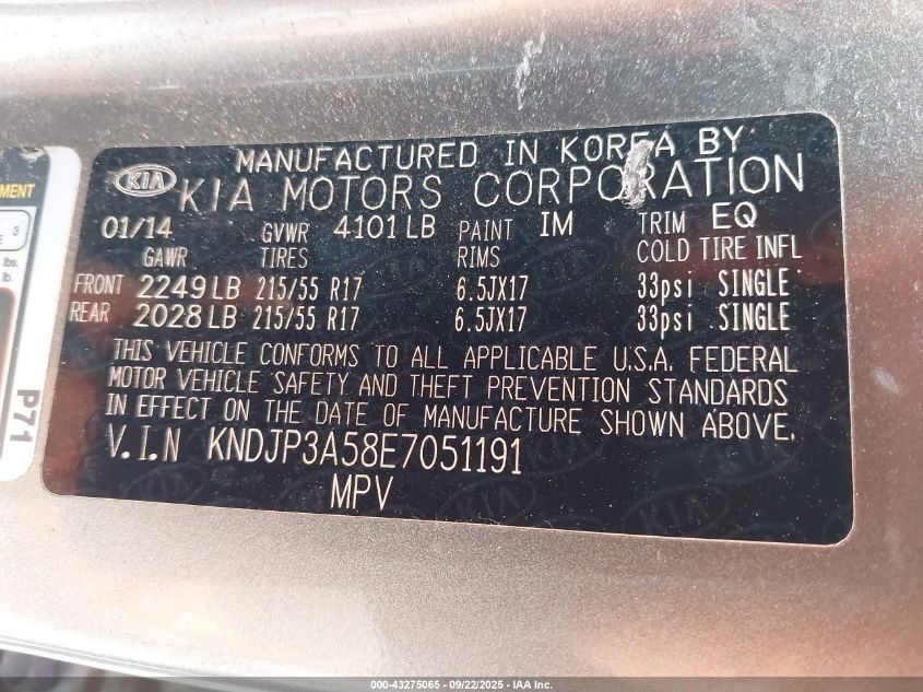 2014 Kia Soul + VIN: KNDJP3A58E7051191 Lot: 43275065