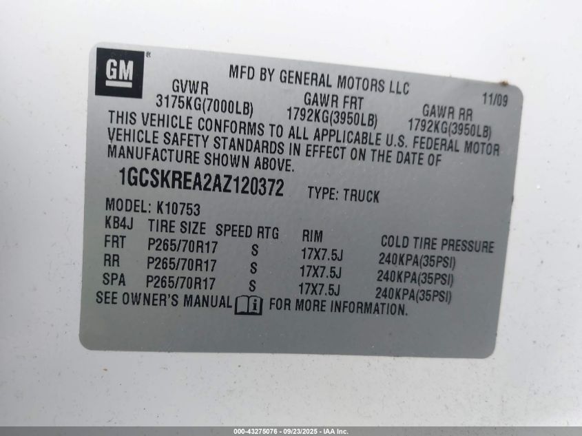 2010 Chevrolet Silverado 1500 Ls VIN: 1GCSKREA2AZ120372 Lot: 43275076