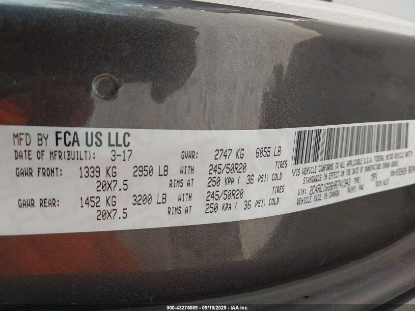 2017 Chrysler Pacifica Limited VIN: 2C4RC1GG6HR741343 Lot: 43275089