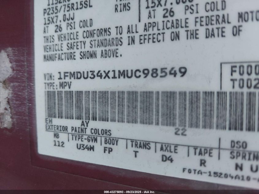 1991 Ford Explorer VIN: 1FMDU34X1MUC98549 Lot: 43275093