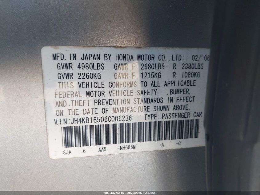 2006 Acura Rl 3.5 VIN: JH4KB16506C006236 Lot: 43275115