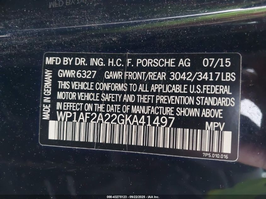 2016 Porsche Cayenne Diesel VIN: WP1AF2A22GKA41497 Lot: 43275123