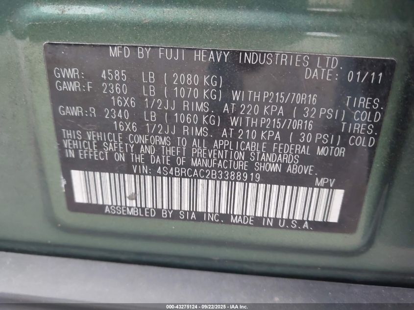 2011 Subaru Outback 2.5I VIN: 4S4BRCAC2B3388919 Lot: 43275124