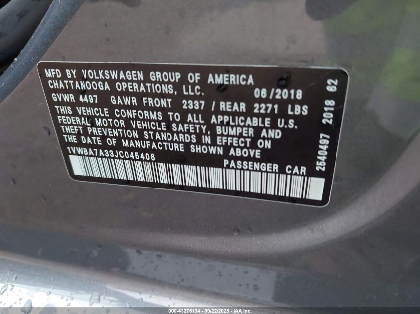 2018 Volkswagen Passat 2.0T Se VIN: 1VWBA7A33JC045406 Lot: 43275134
