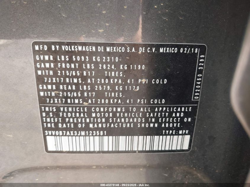 2018 Volkswagen Tiguan 2.0T S VIN: 3VV0B7AX3JM123581 Lot: 43275146