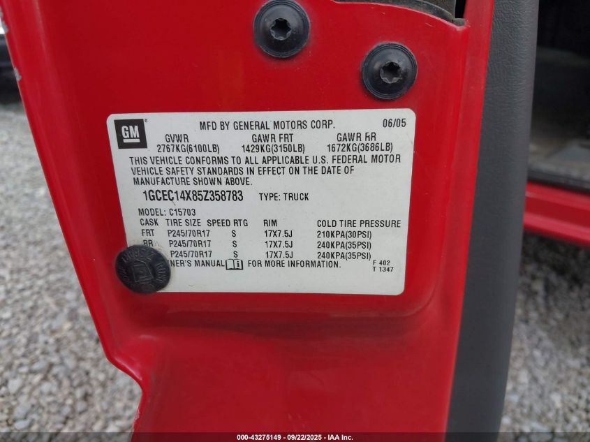2005 Chevrolet Silverado 1500 Work Truck VIN: 1GCEC14X85Z358783 Lot: 43275149