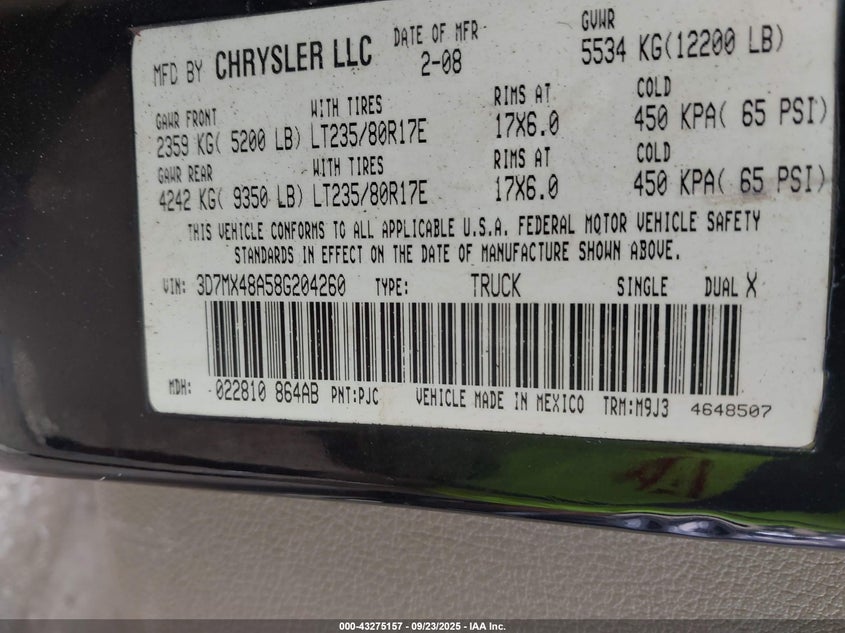 2008 Dodge Ram 3500 Slt VIN: 3D7MX48A58G204260 Lot: 43275157