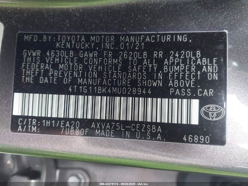 2021 Toyota Camry Se Awd VIN: 4T1G11BK4MU028944 Lot: 43275174