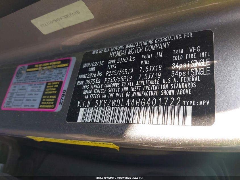 2017 Hyundai Santa Fe Sport 2.0T Ultimate VIN: 5XYZWDLA4HG401722 Lot: 43275190