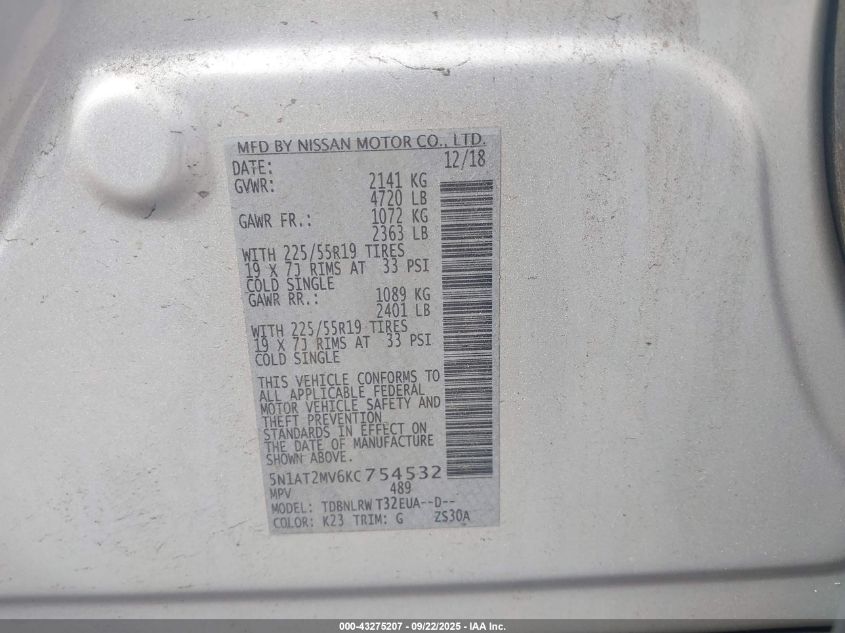 2019 Nissan Rogue Sl VIN: 5N1AT2MV6KC754532 Lot: 43275207