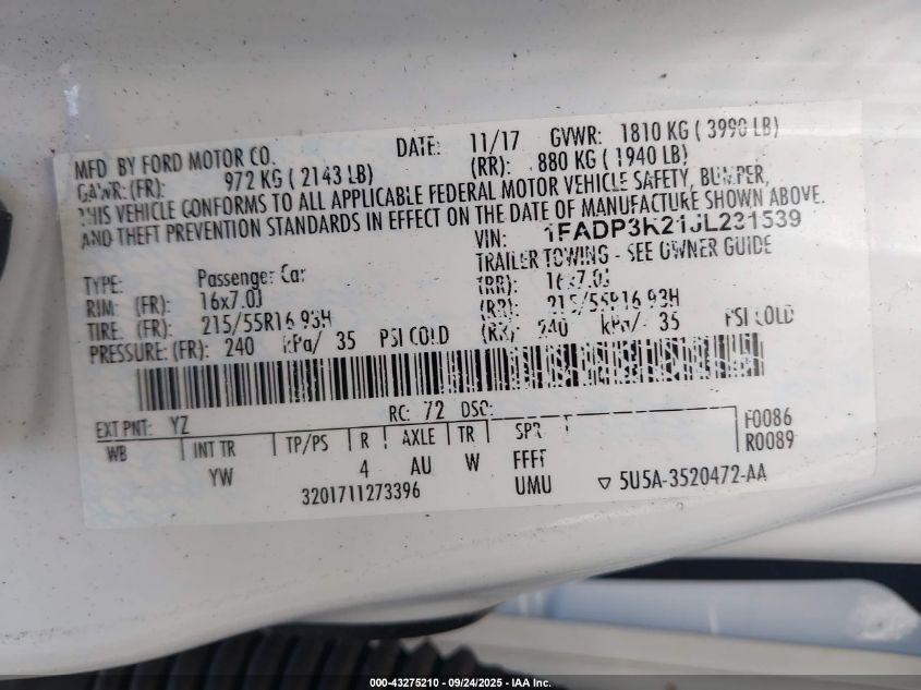 2018 Ford Focus Se VIN: 1FADP3K21JL231539 Lot: 43275210