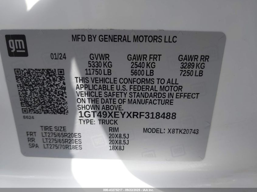 2024 GMC Sierra 2500Hd 4Wd Standard Bed Denali Ultimate VIN: 1GT49XEYXRF318488 Lot: 43275217