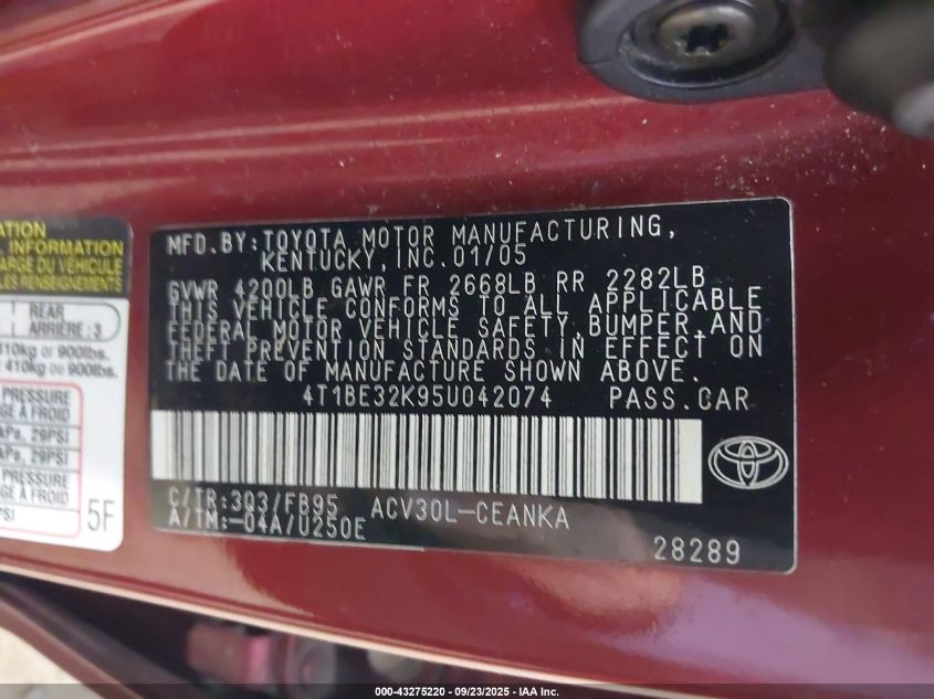 2005 Toyota Camry Le VIN: 4T1BE32K95U042074 Lot: 43275220
