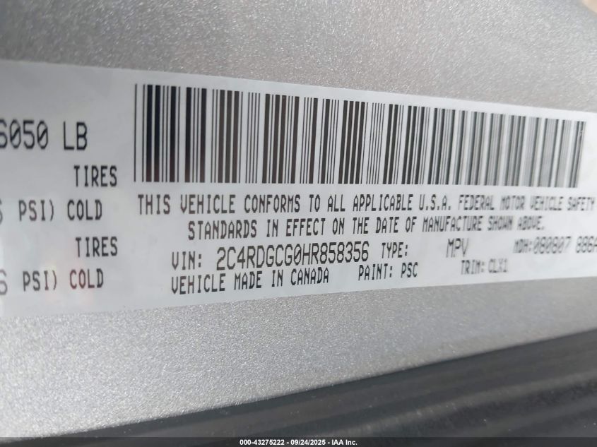 2017 Dodge Grand Caravan Sxt VIN: 2C4RDGCG0HR858356 Lot: 43275222