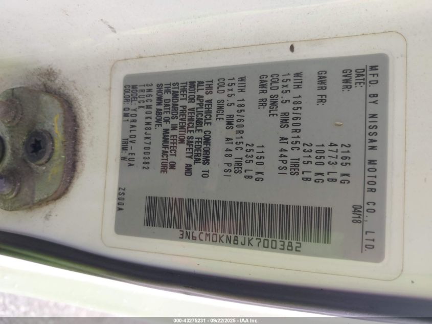 2018 Nissan Nv200 S VIN: 3N6CM0KN8JK700382 Lot: 43275231