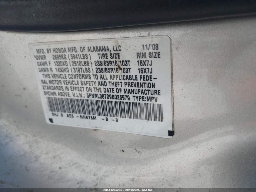 2009 Honda Odyssey Ex-L VIN: 5FNRL38709B025979 Lot: 43275235