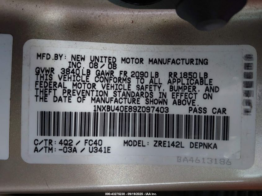 2009 Toyota Corolla Xle VIN: 1NXBU40E89Z097403 Lot: 43275238