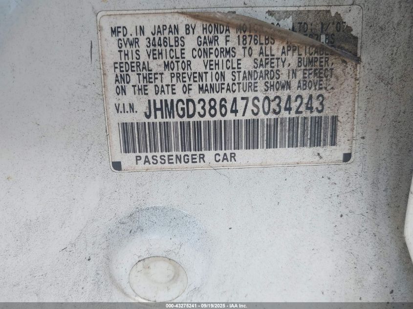 2007 Honda Fit Sport VIN: JHMGD38647S034243 Lot: 43275241