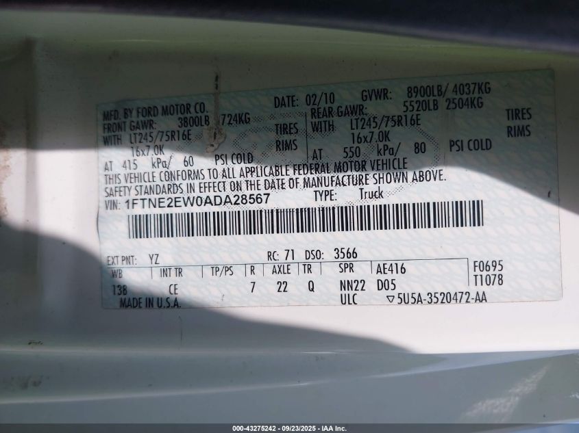 2010 Ford E-250 Commercial/Recreational VIN: 1FTNE2EW0ADA28567 Lot: 43275242