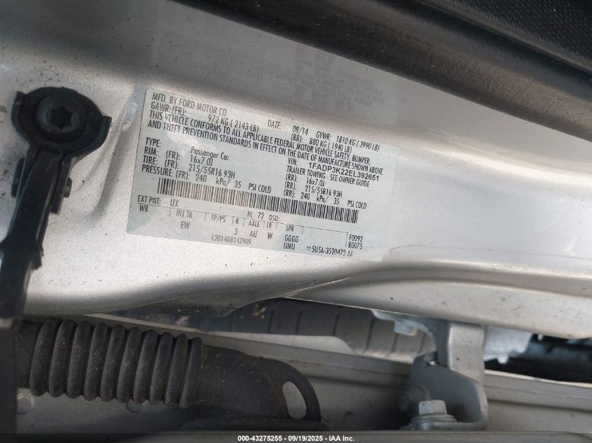 2014 Ford Focus Se VIN: 1FADP3K22EL392651 Lot: 43275255